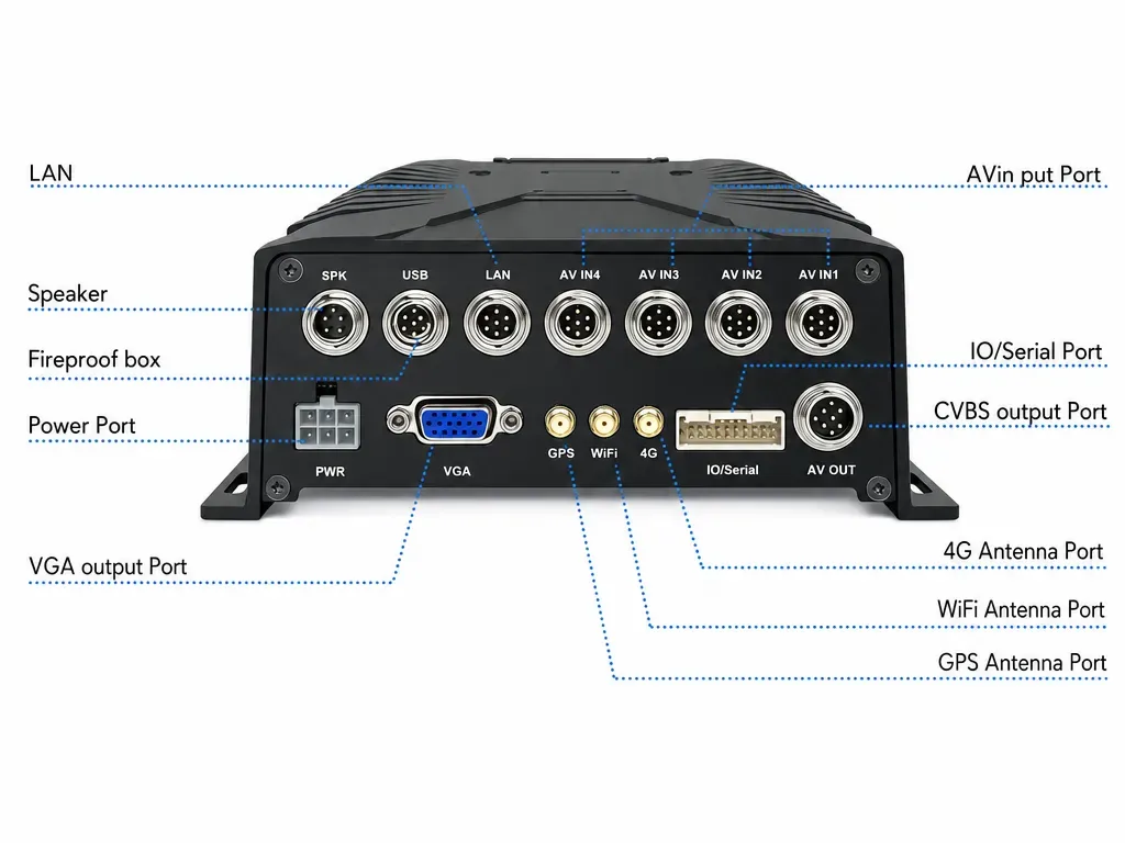 K6204 mobile DVR rear panel with 4 AHD inputs, 4G, GPS, LAN and I/O ports